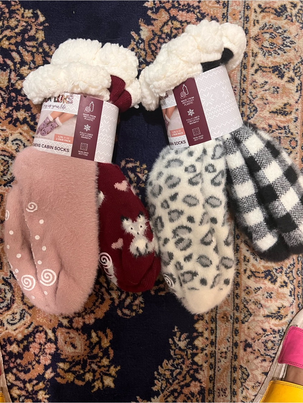 Cozy Kids Plush Cabin Socks - Pink & Cream Patterned Set